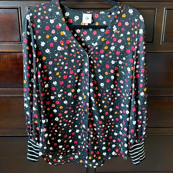 Cabi Floral button down blouse Womens S striped cuff mixed media office career - Picture 1 of 7
